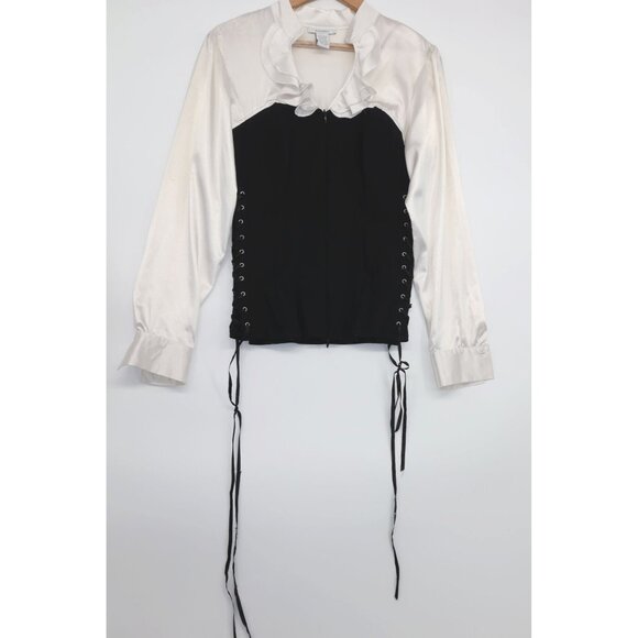 Dressbarn Womens Black White Satin Blouse Corset Ruffled Neck Whimsygoth Sz L - Picture 1 of 12